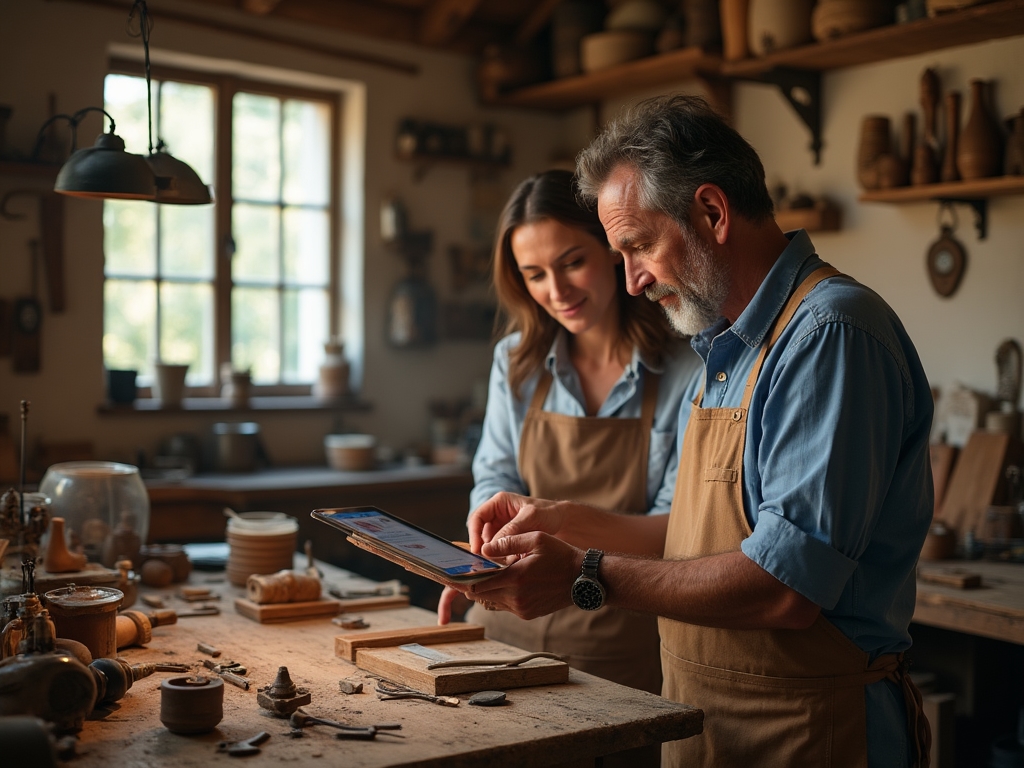 Artisan consultant une tablette avec un conseiller digital
